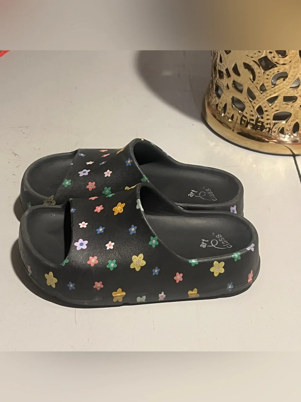 Kids Black Floral Slide Sandals with Colorful Flowers